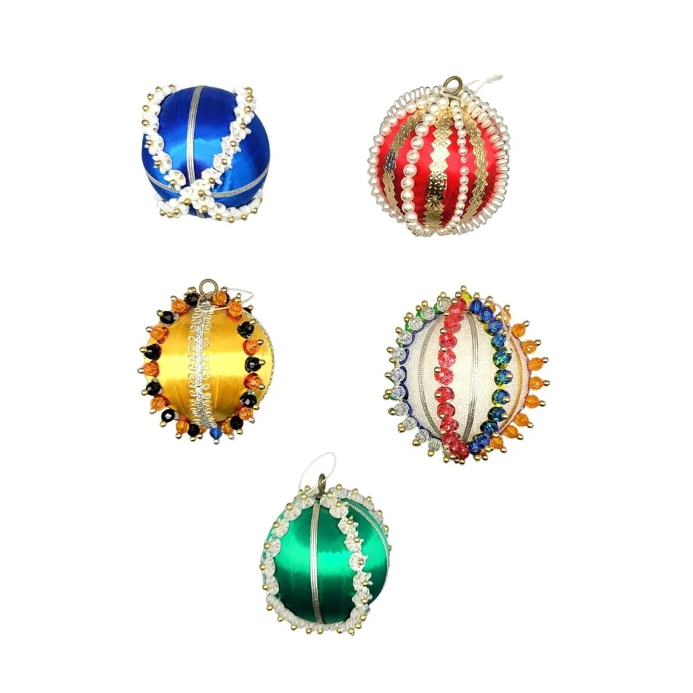 Vintage Set Of 5 Handmade Satin Thread Christmas Ornaments Push Pin Beaded Retro